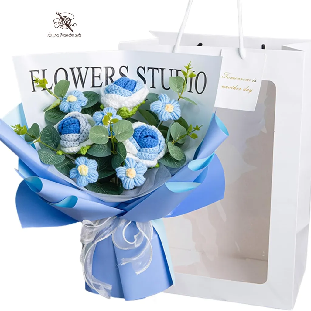 Blue Wool Rose Bouquet (Free transparent gift box, Light string)