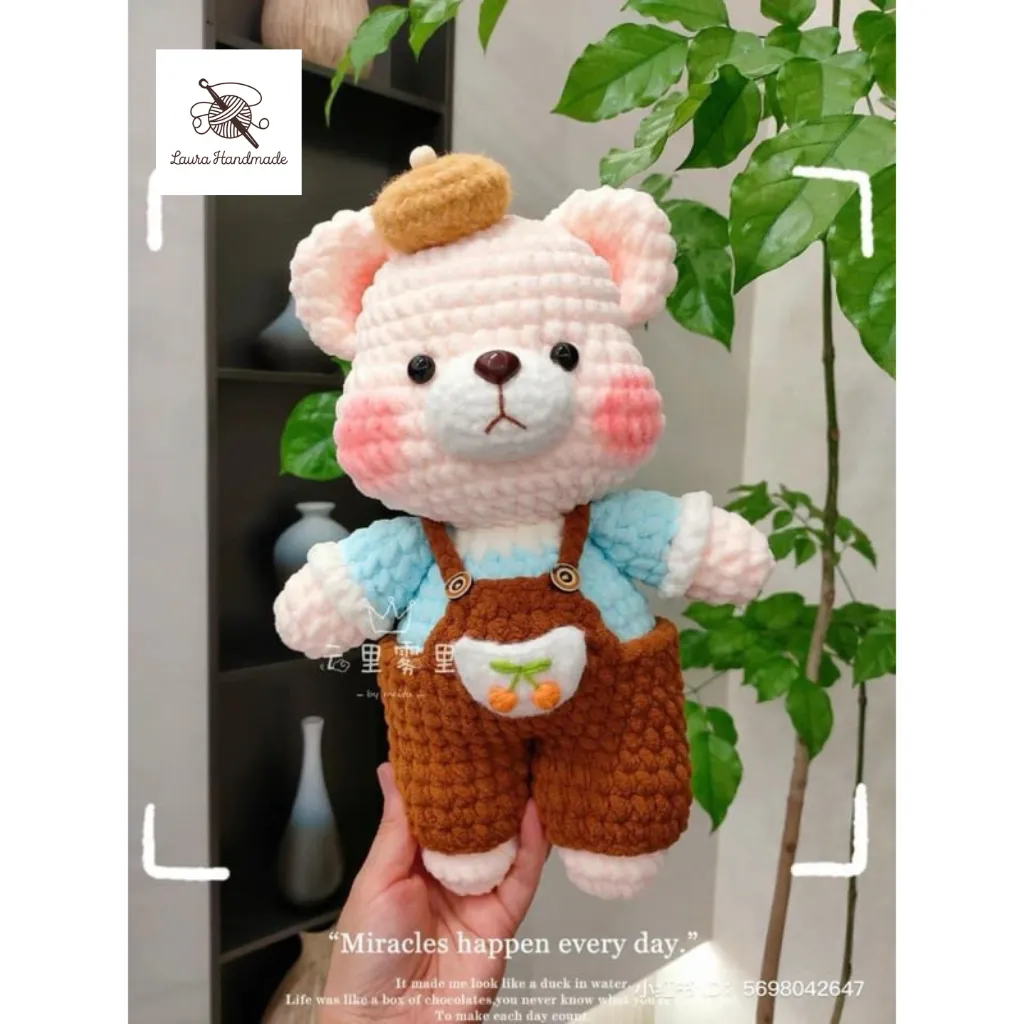 Crochet Velvet Bear Bib (size 40cm)