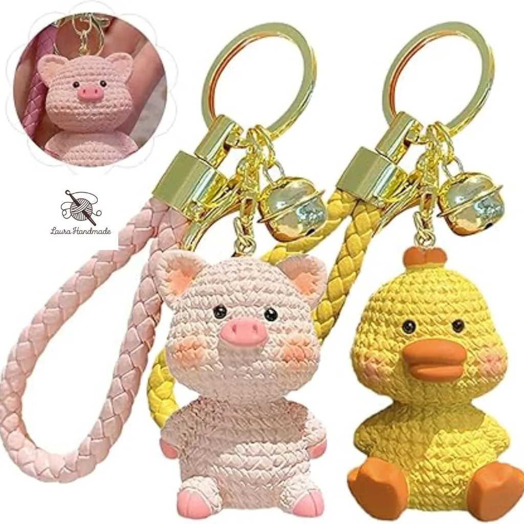 Duckling and Piglet Keychains Set, Cartoon Wool Keychains